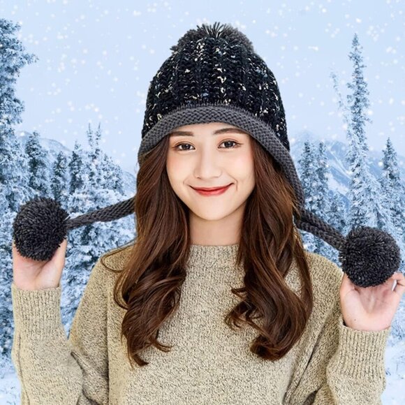 ✨ Huamulan Ear Flaps Sherpa Ski Women Black Peruvian Beanie Snow Pom Pom Hats - Picture 8 of 8
